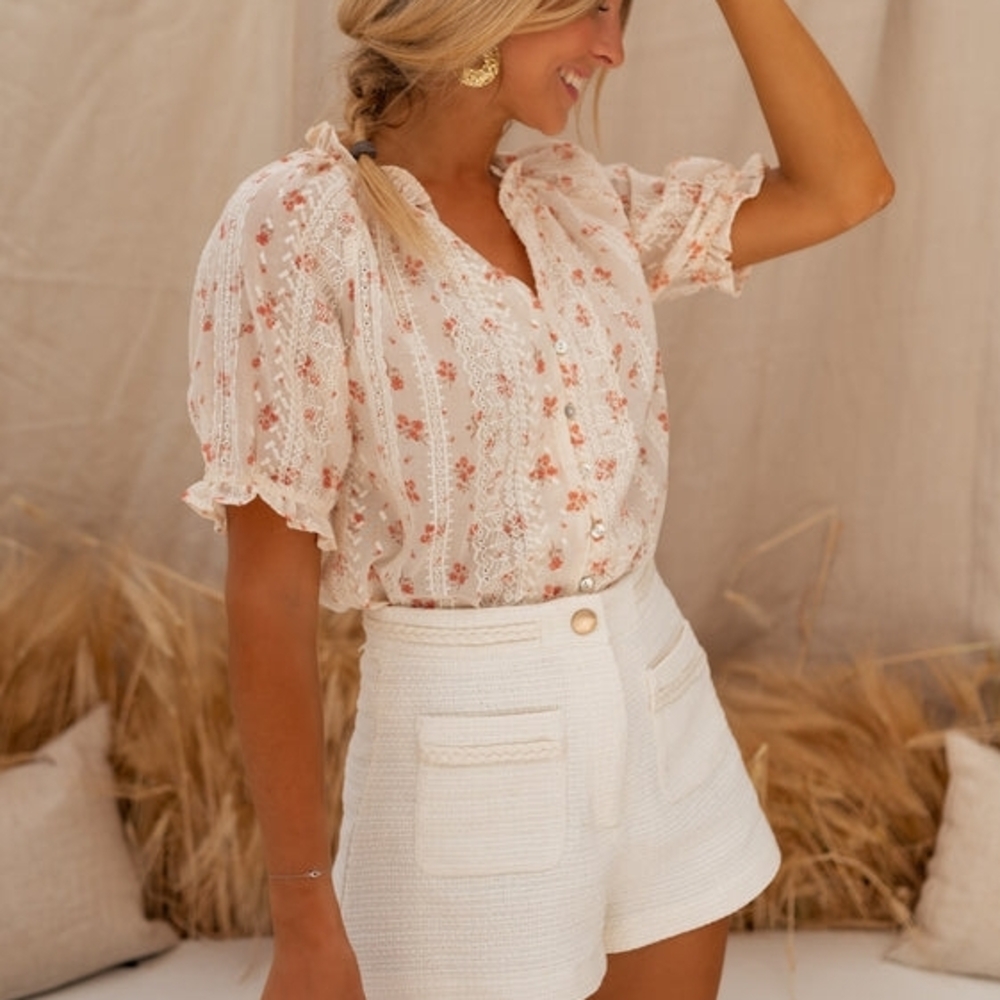 Floral Lace Button Embroidered Boho Cottagecore Puff Sleeve Peasant Blouse S-M